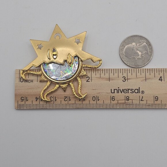 Gold-Toned Unique Sun/Moon Shiny Figural Statement Fashion Jewelry Brooch - Picture 3 of 9